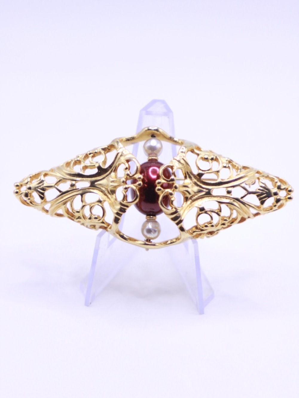 Napier Goldtone Asian Open Scroll Filigree Center Purple White Bead Brooch